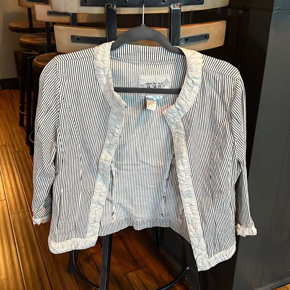 Black and Tan Striped Blazer with Ruffle Details